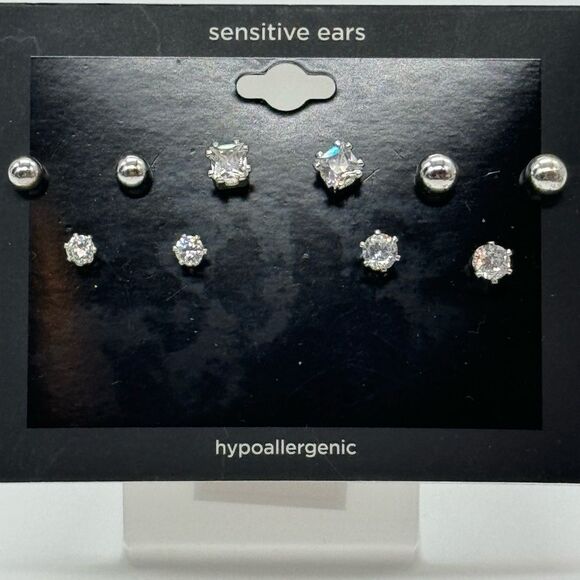 Variety 5 Pairs Silver Tone CZ Post Earrings - Picture 4 of 6